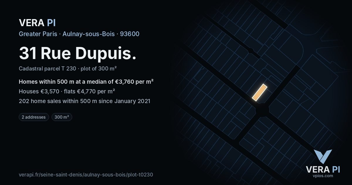 31 Rue Dupuis, Aulnay-sous-Bois at night – the plot lit, the parcels around coloured by the prices near them