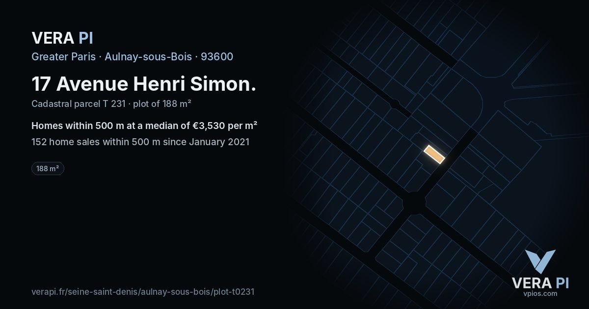 17 Avenue Henri Simon, Aulnay-sous-Bois at night – the plot lit, the parcels around coloured by the prices near them