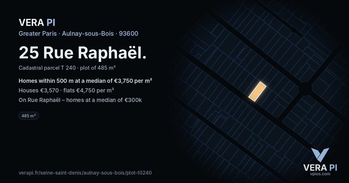 25 Rue Raphaël, Aulnay-sous-Bois at night – the plot lit, the parcels around coloured by the prices near them