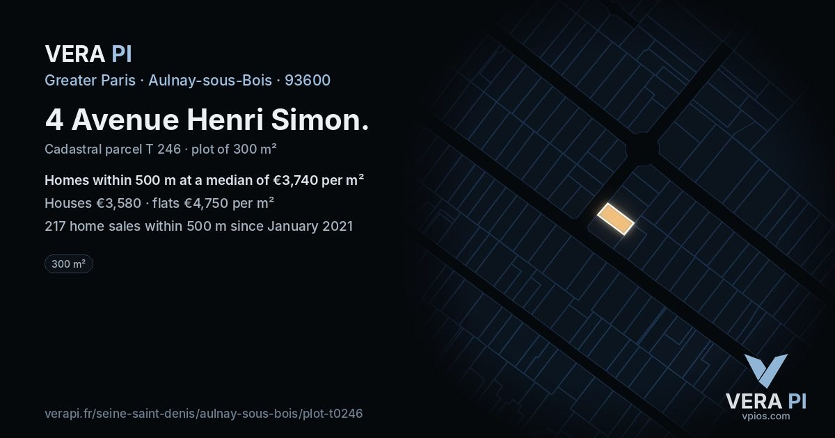 4 Avenue Henri Simon, Aulnay-sous-Bois at night – the plot lit, the parcels around coloured by the prices near them
