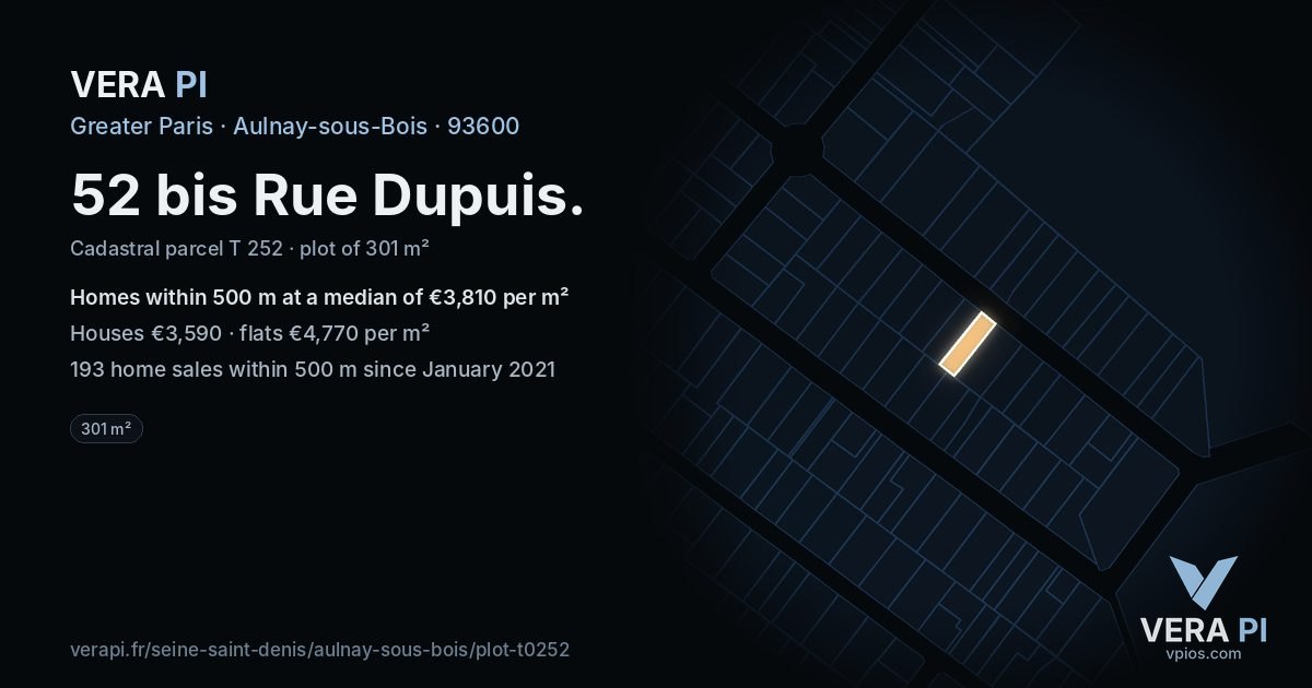 52 bis Rue Dupuis, Aulnay-sous-Bois at night – the plot lit, the parcels around coloured by the prices near them