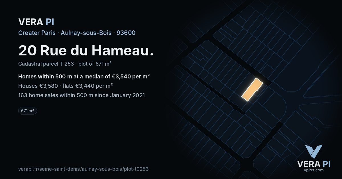20 Rue du Hameau, Aulnay-sous-Bois at night – the plot lit, the parcels around coloured by the prices near them