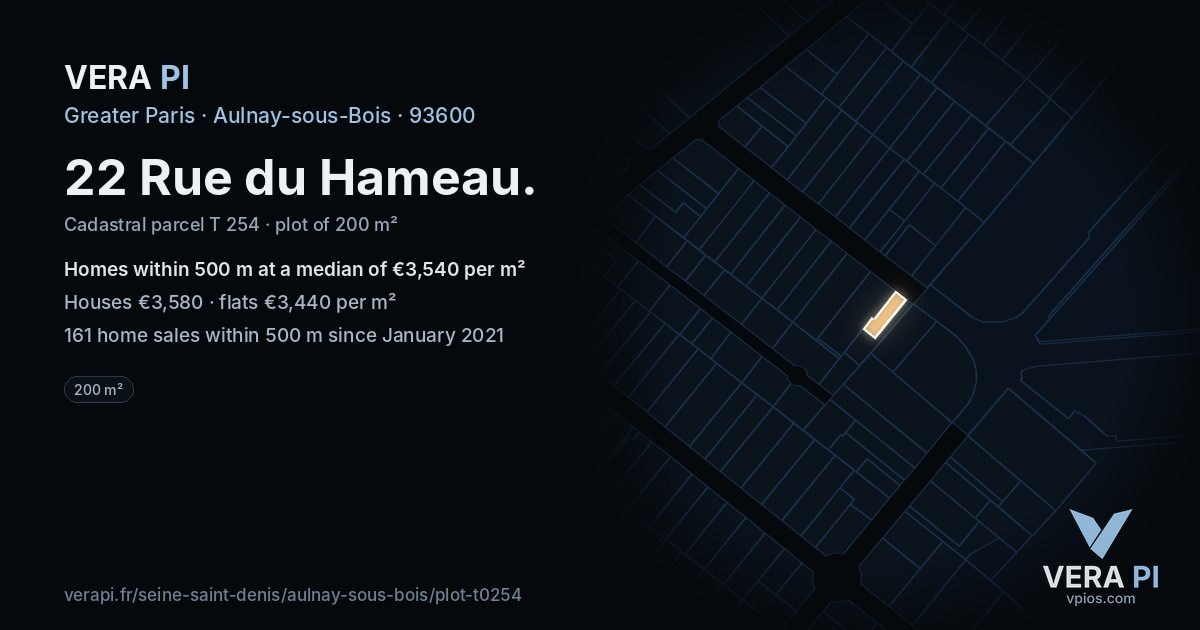 22 Rue du Hameau, Aulnay-sous-Bois at night – the plot lit, the parcels around coloured by the prices near them