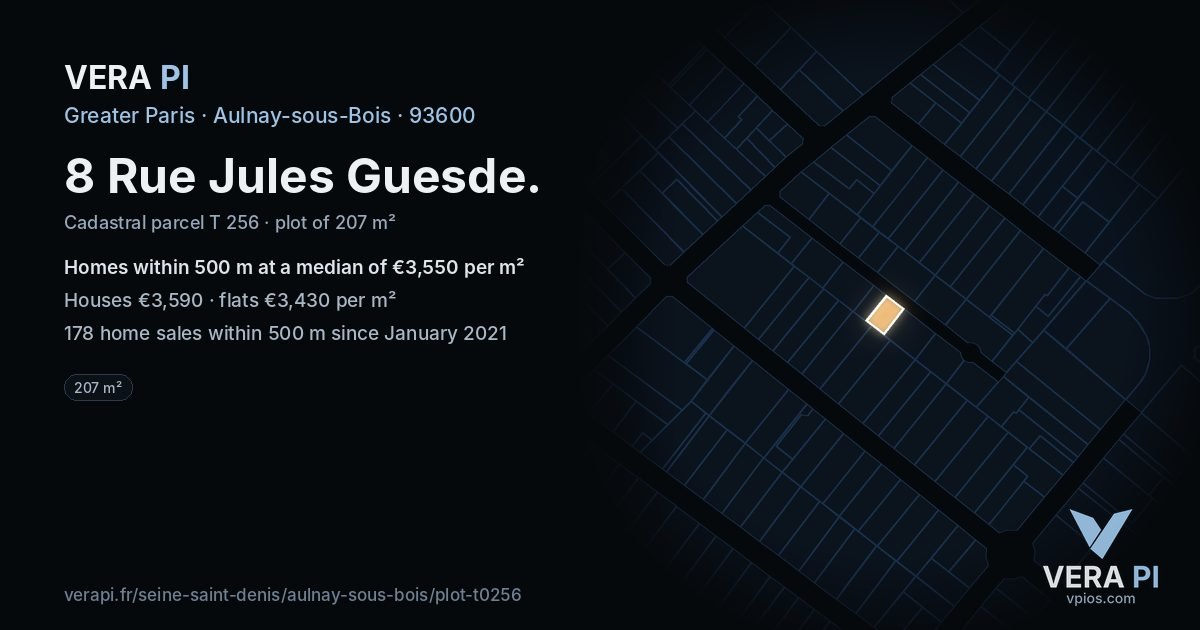 8 Rue Jules Guesde, Aulnay-sous-Bois at night – the plot lit, the parcels around coloured by the prices near them
