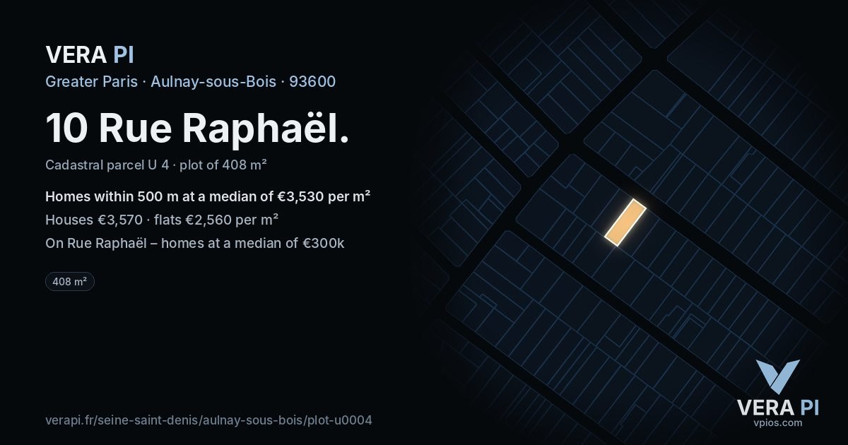 10 Rue Raphaël, Aulnay-sous-Bois at night – the plot lit, the parcels around coloured by the prices near them