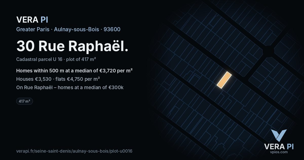 30 Rue Raphaël, Aulnay-sous-Bois at night – the plot lit, the parcels around coloured by the prices near them