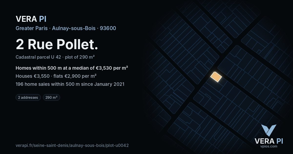 2 Rue Pollet, Aulnay-sous-Bois at night – the plot lit, the parcels around coloured by the prices near them