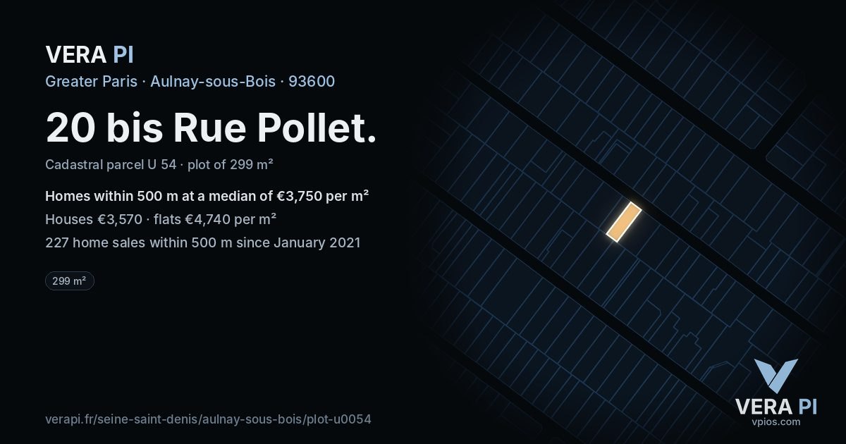 20 bis Rue Pollet, Aulnay-sous-Bois at night – the plot lit, the parcels around coloured by the prices near them