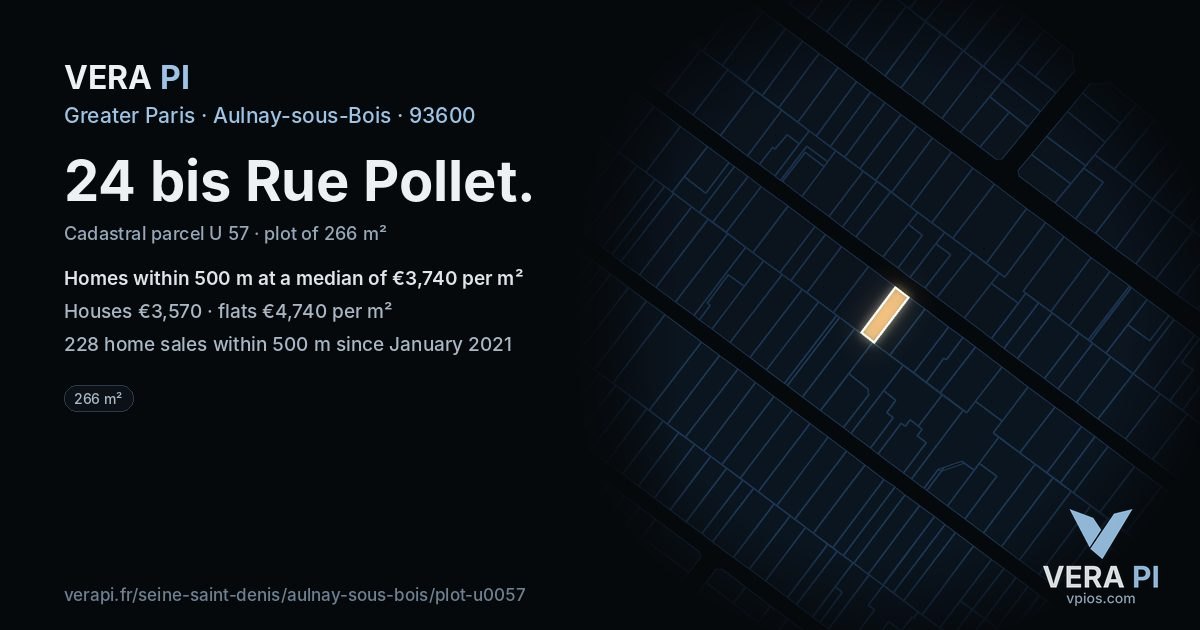 24 bis Rue Pollet, Aulnay-sous-Bois at night – the plot lit, the parcels around coloured by the prices near them