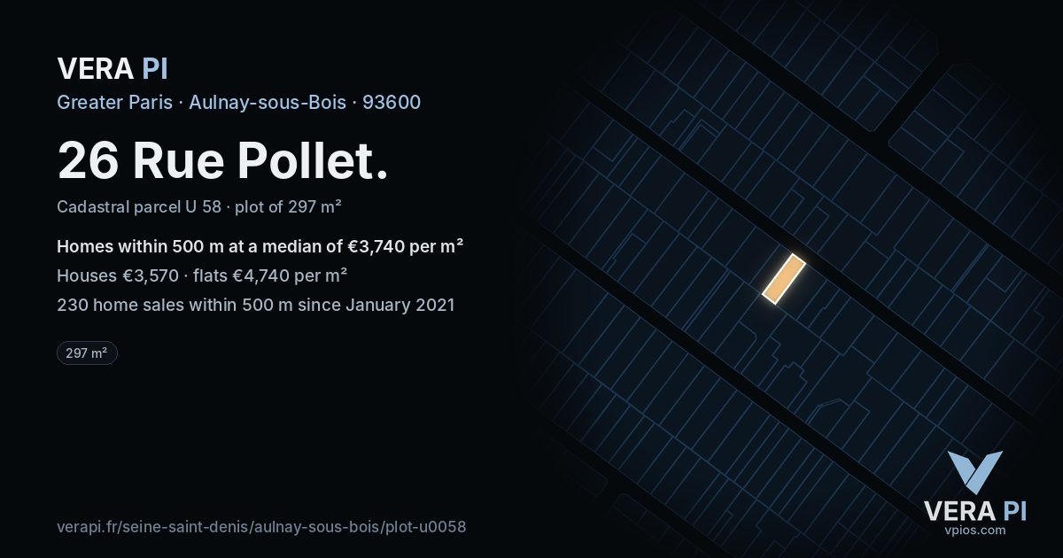 26 Rue Pollet, Aulnay-sous-Bois at night – the plot lit, the parcels around coloured by the prices near them