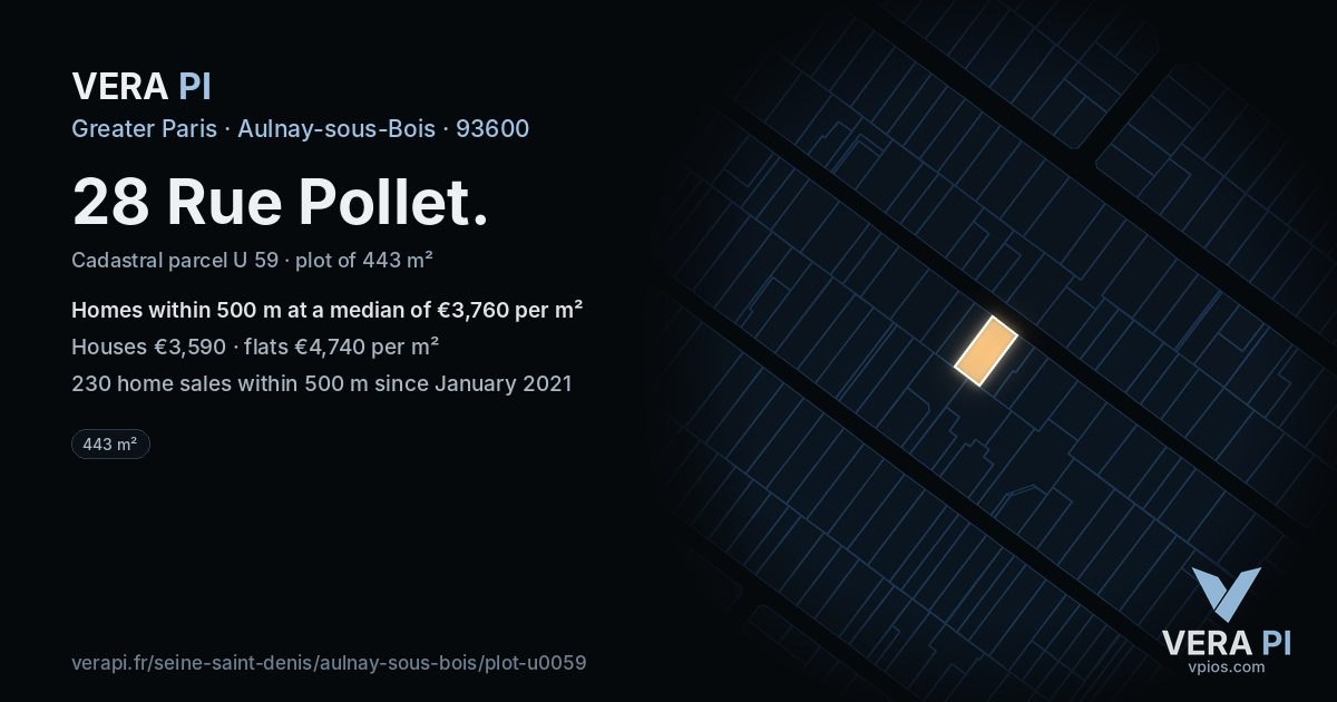 28 Rue Pollet, Aulnay-sous-Bois at night – the plot lit, the parcels around coloured by the prices near them
