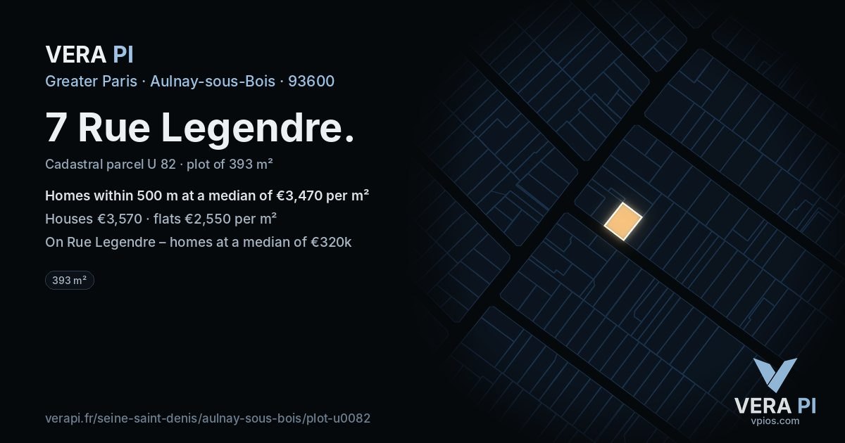 7 Rue Legendre, Aulnay-sous-Bois at night – the plot lit, the parcels around coloured by the prices near them