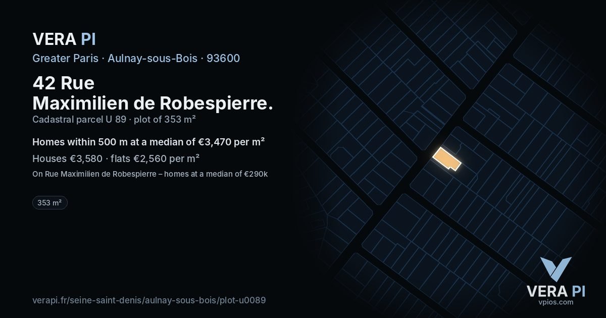 42 Rue Maximilien de Robespierre, Aulnay-sous-Bois at night – the plot lit, the parcels around coloured by the prices near them
