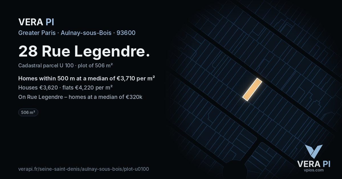 28 Rue Legendre, Aulnay-sous-Bois at night – the plot lit, the parcels around coloured by the prices near them