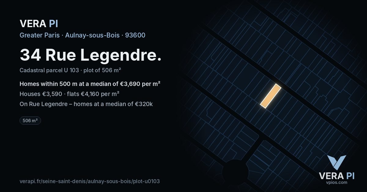 34 Rue Legendre, Aulnay-sous-Bois at night – the plot lit, the parcels around coloured by the prices near them