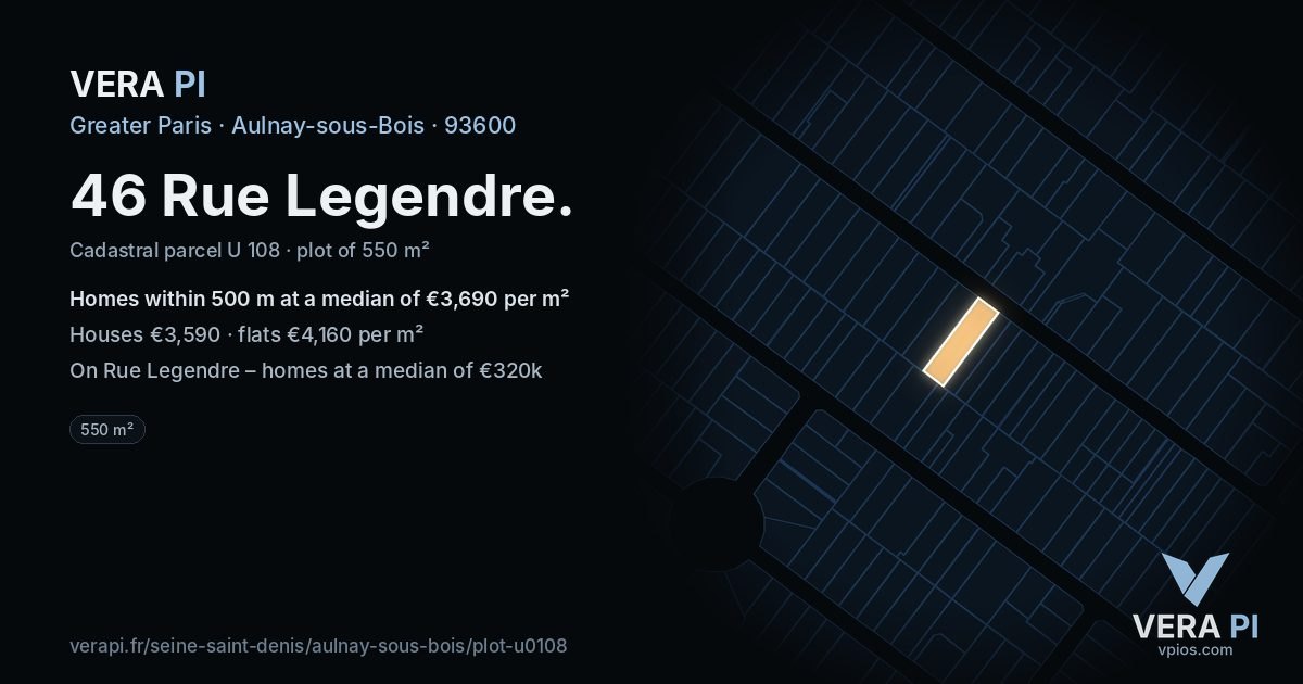 46 Rue Legendre, Aulnay-sous-Bois at night – the plot lit, the parcels around coloured by the prices near them