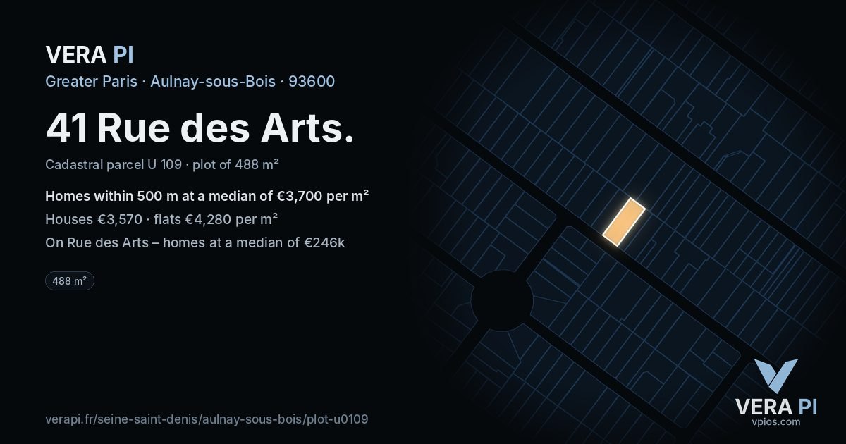 41 Rue des Arts, Aulnay-sous-Bois at night – the plot lit, the parcels around coloured by the prices near them