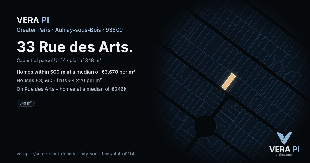 33 Rue des Arts, Aulnay-sous-Bois at night – the plot lit, the parcels around coloured by the prices near them