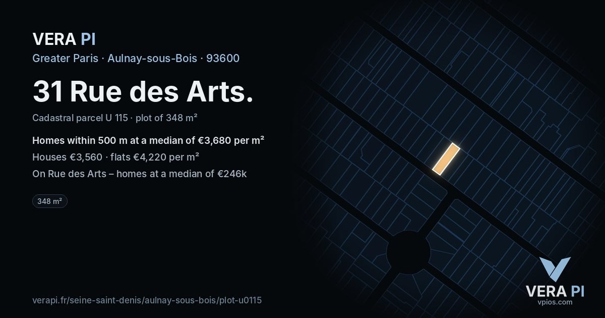 31 Rue des Arts, Aulnay-sous-Bois at night – the plot lit, the parcels around coloured by the prices near them