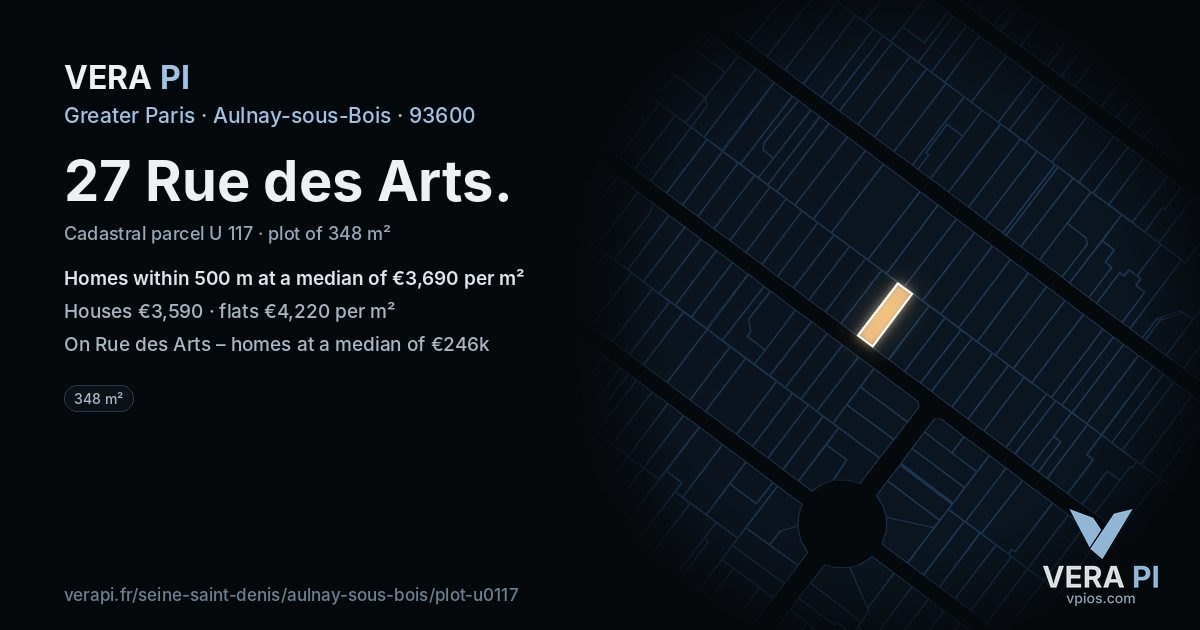 27 Rue des Arts, Aulnay-sous-Bois at night – the plot lit, the parcels around coloured by the prices near them
