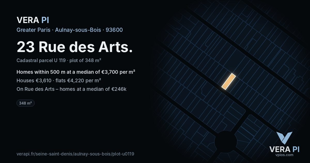 23 Rue des Arts, Aulnay-sous-Bois at night – the plot lit, the parcels around coloured by the prices near them