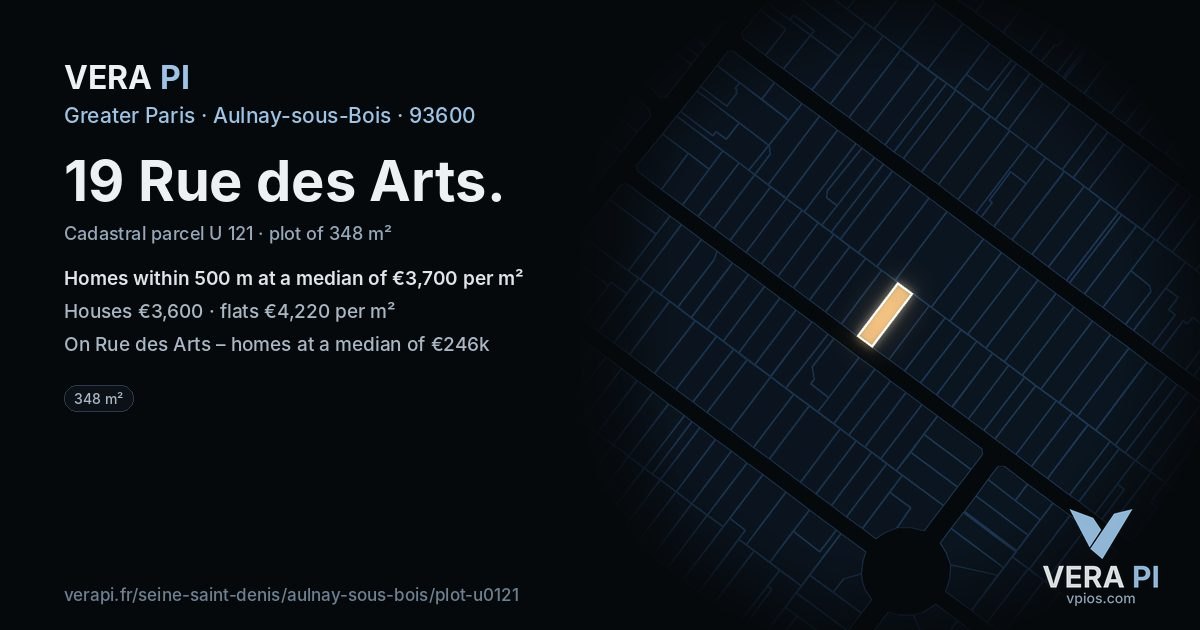 19 Rue des Arts, Aulnay-sous-Bois at night – the plot lit, the parcels around coloured by the prices near them
