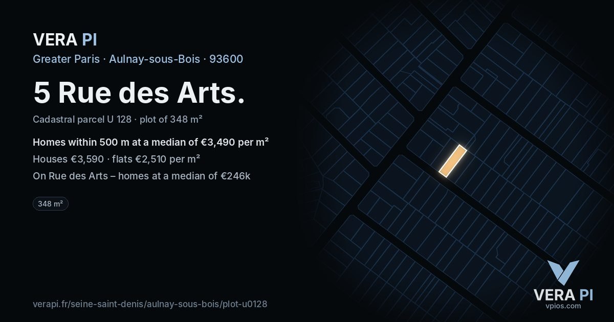 5 Rue des Arts, Aulnay-sous-Bois at night – the plot lit, the parcels around coloured by the prices near them