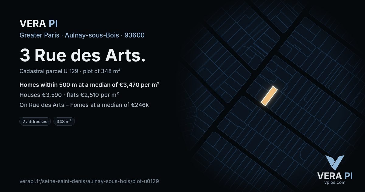 3 Rue des Arts, Aulnay-sous-Bois at night – the plot lit, the parcels around coloured by the prices near them