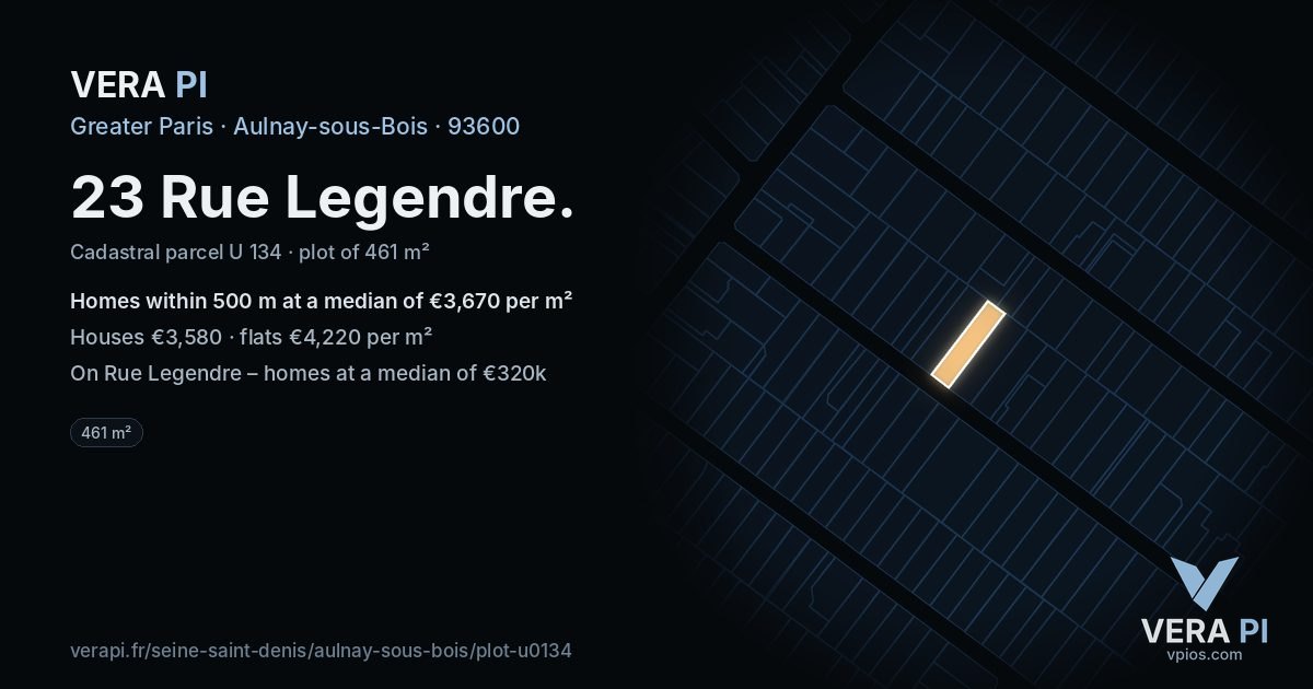23 Rue Legendre, Aulnay-sous-Bois at night – the plot lit, the parcels around coloured by the prices near them