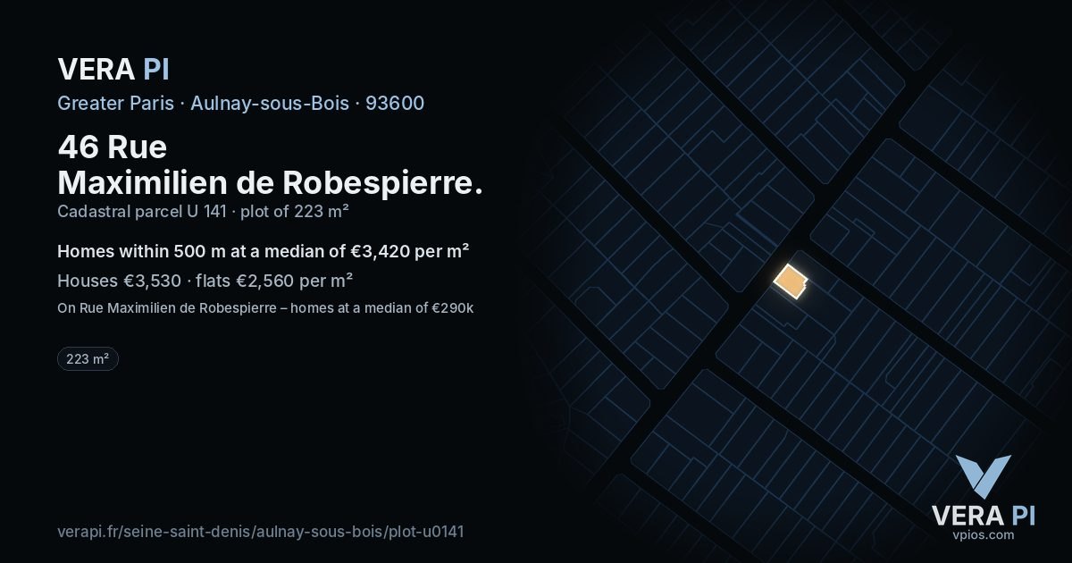 46 Rue Maximilien de Robespierre, Aulnay-sous-Bois at night – the plot lit, the parcels around coloured by the prices near them