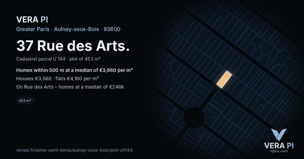 37 Rue des Arts, Aulnay-sous-Bois at night – the plot lit, the parcels around coloured by the prices near them