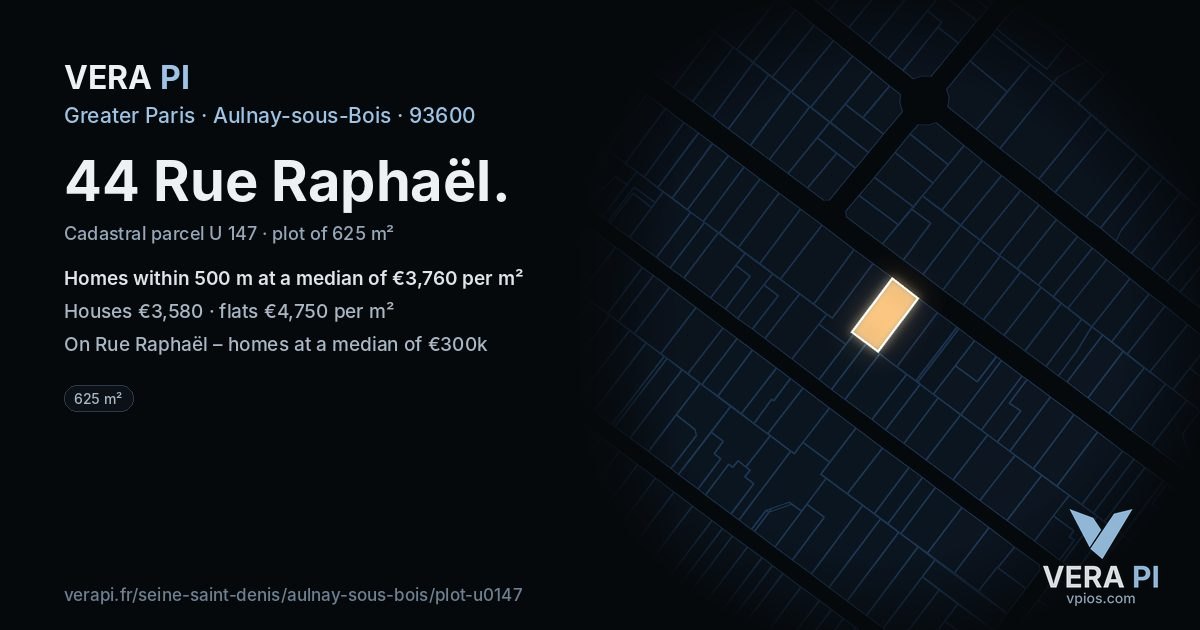 44 Rue Raphaël, Aulnay-sous-Bois at night – the plot lit, the parcels around coloured by the prices near them