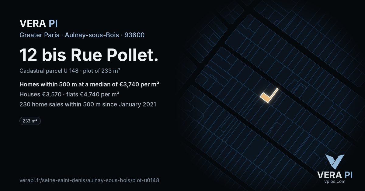 12 bis Rue Pollet, Aulnay-sous-Bois at night – the plot lit, the parcels around coloured by the prices near them