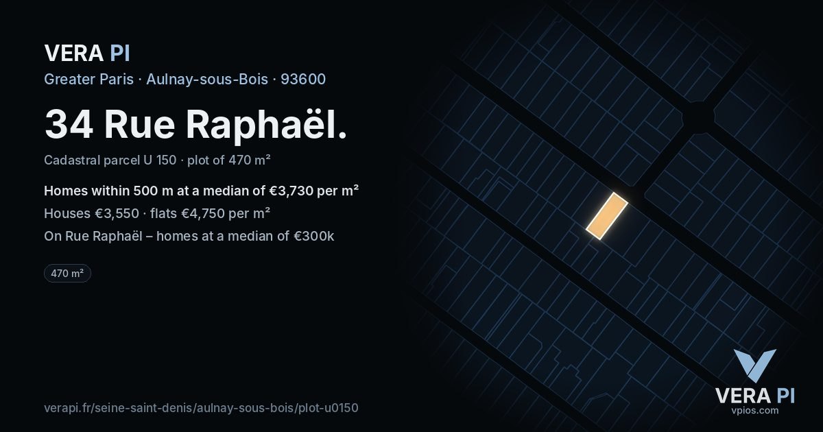 34 Rue Raphaël, Aulnay-sous-Bois at night – the plot lit, the parcels around coloured by the prices near them