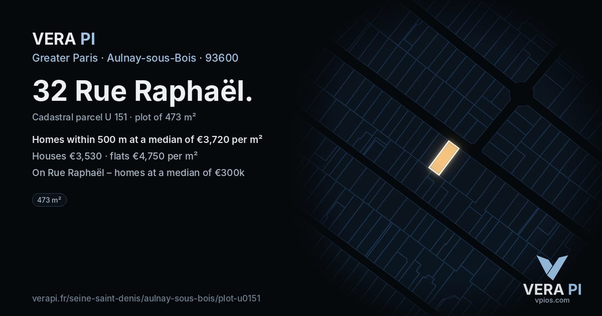 32 Rue Raphaël, Aulnay-sous-Bois at night – the plot lit, the parcels around coloured by the prices near them