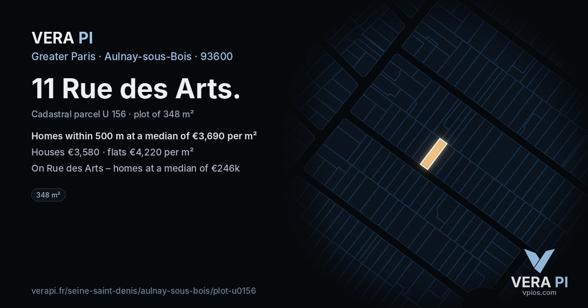 11 Rue des Arts, Aulnay-sous-Bois at night – the plot lit, the parcels around coloured by the prices near them
