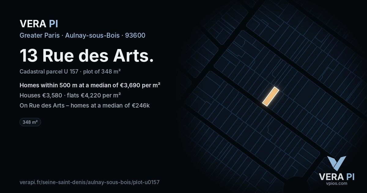 13 Rue des Arts, Aulnay-sous-Bois at night – the plot lit, the parcels around coloured by the prices near them