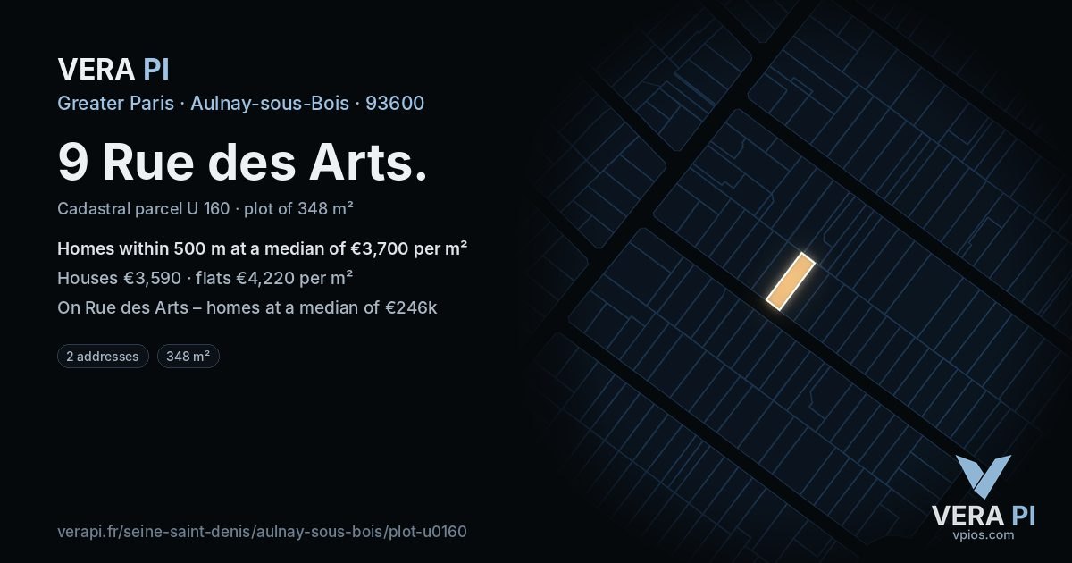 9 Rue des Arts, Aulnay-sous-Bois at night – the plot lit, the parcels around coloured by the prices near them