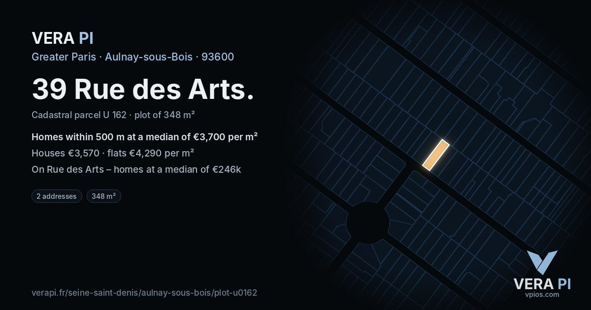 39 Rue des Arts, Aulnay-sous-Bois at night – the plot lit, the parcels around coloured by the prices near them