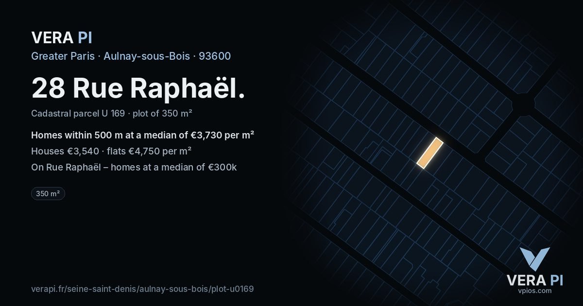28 Rue Raphaël, Aulnay-sous-Bois at night – the plot lit, the parcels around coloured by the prices near them