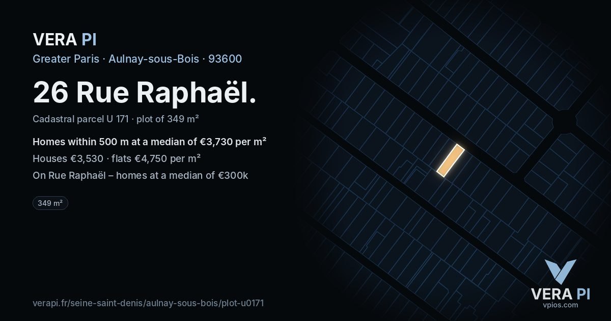 26 Rue Raphaël, Aulnay-sous-Bois at night – the plot lit, the parcels around coloured by the prices near them
