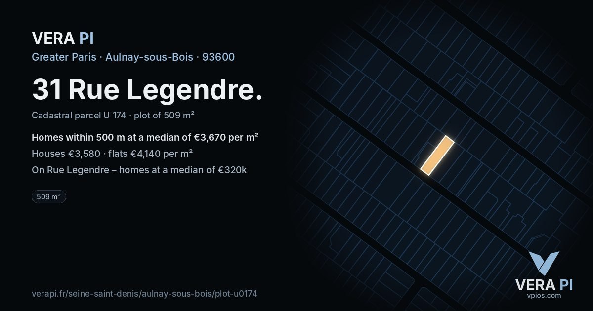 31 Rue Legendre, Aulnay-sous-Bois at night – the plot lit, the parcels around coloured by the prices near them