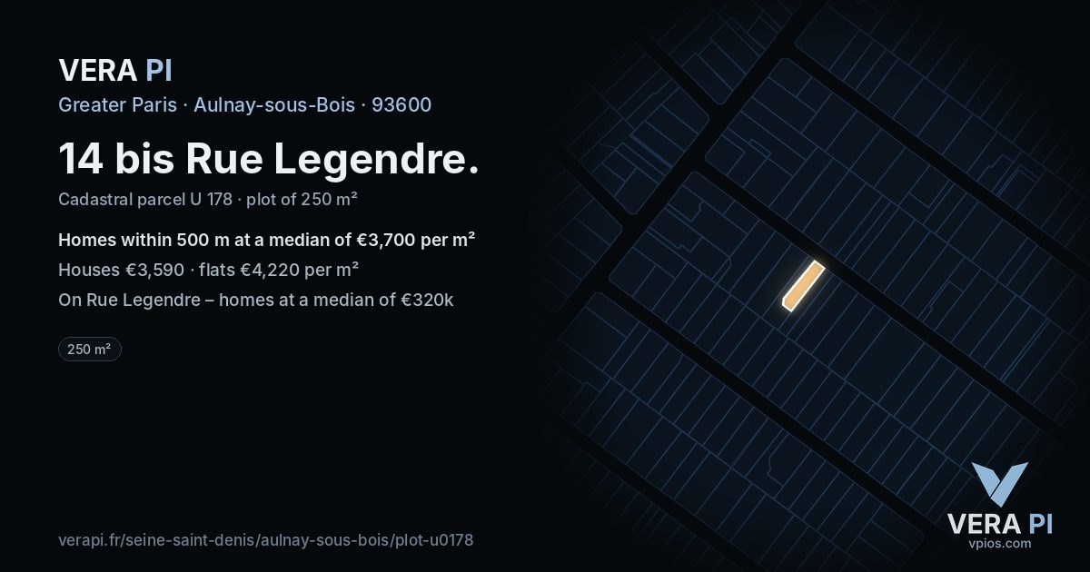 14 bis Rue Legendre, Aulnay-sous-Bois at night – the plot lit, the parcels around coloured by the prices near them