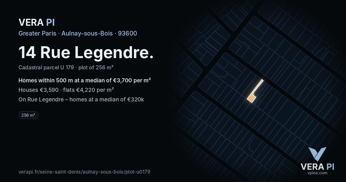 14 Rue Legendre, Aulnay-sous-Bois at night – the plot lit, the parcels around coloured by the prices near them