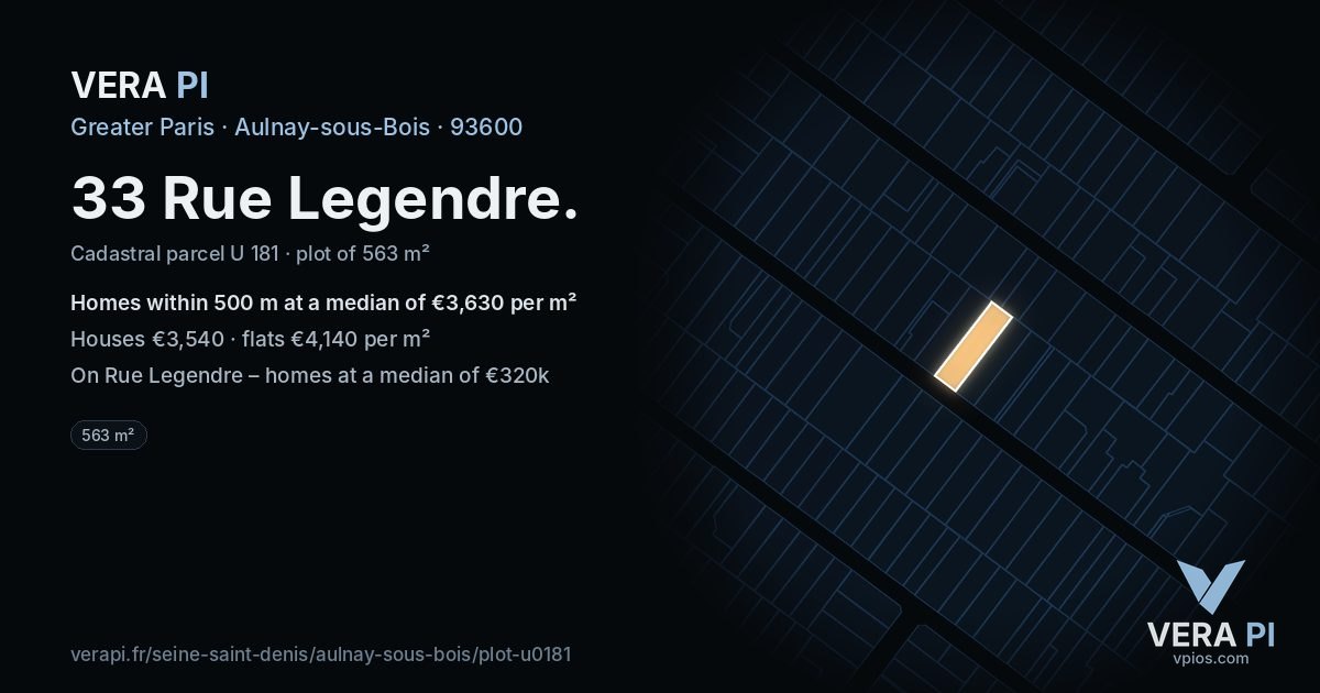 33 Rue Legendre, Aulnay-sous-Bois at night – the plot lit, the parcels around coloured by the prices near them
