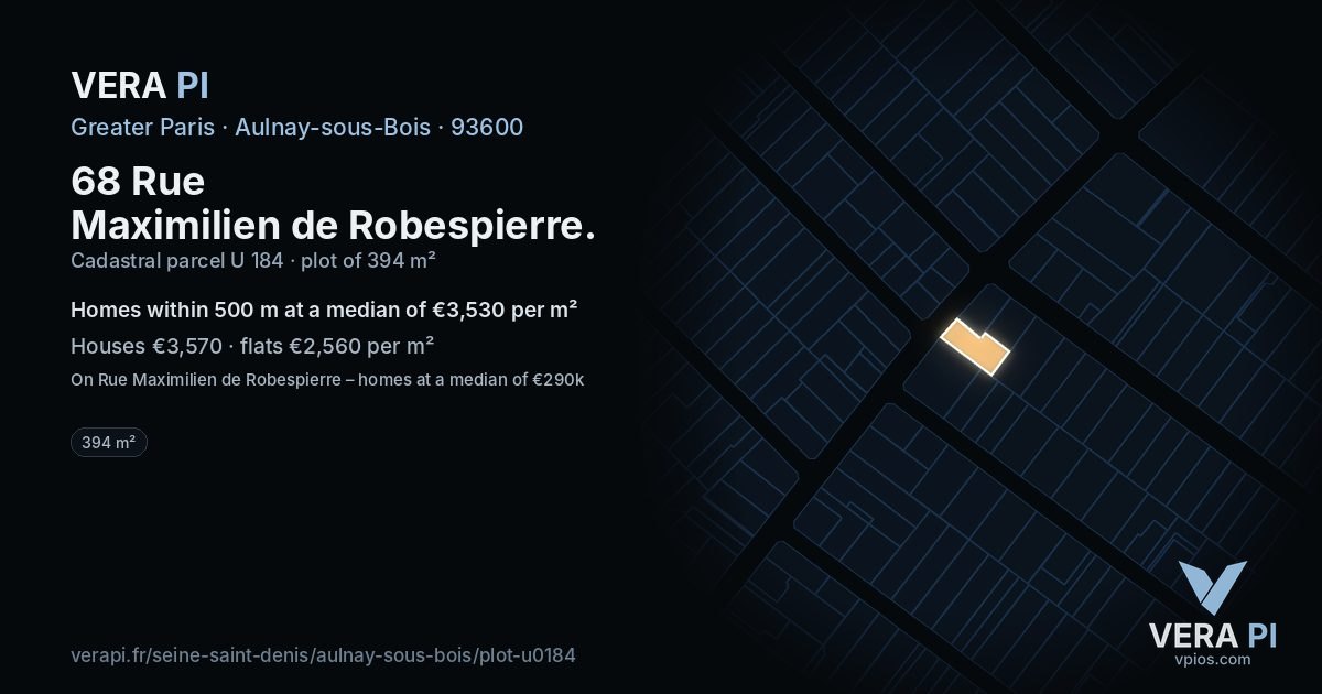68 Rue Maximilien de Robespierre, Aulnay-sous-Bois at night – the plot lit, the parcels around coloured by the prices near them