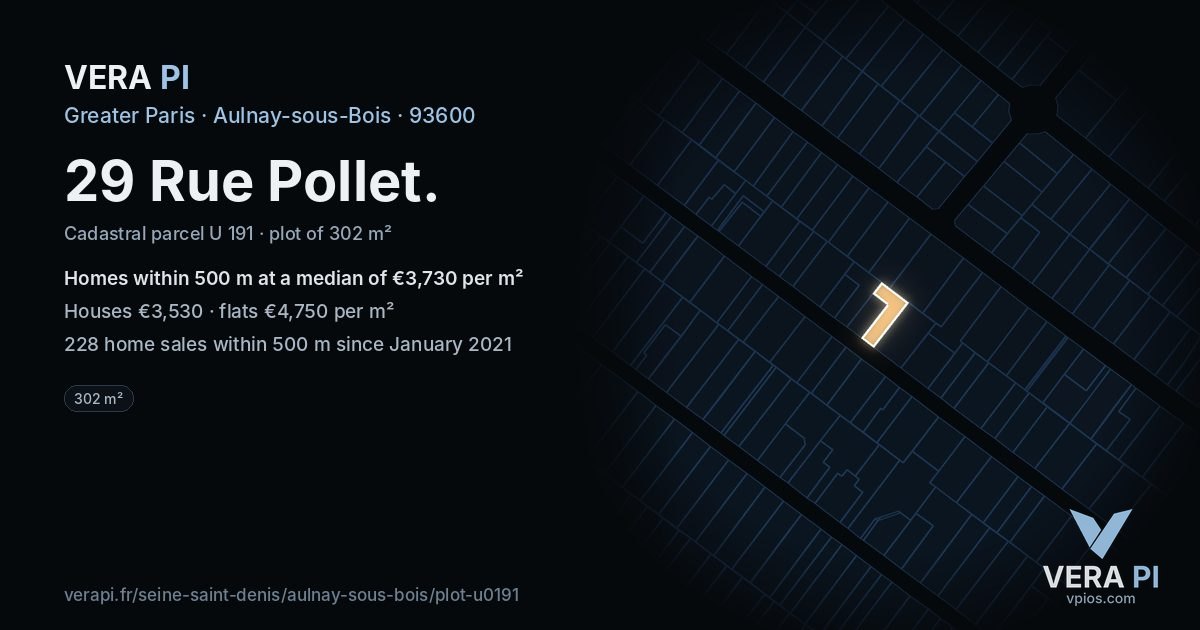 29 Rue Pollet, Aulnay-sous-Bois at night – the plot lit, the parcels around coloured by the prices near them