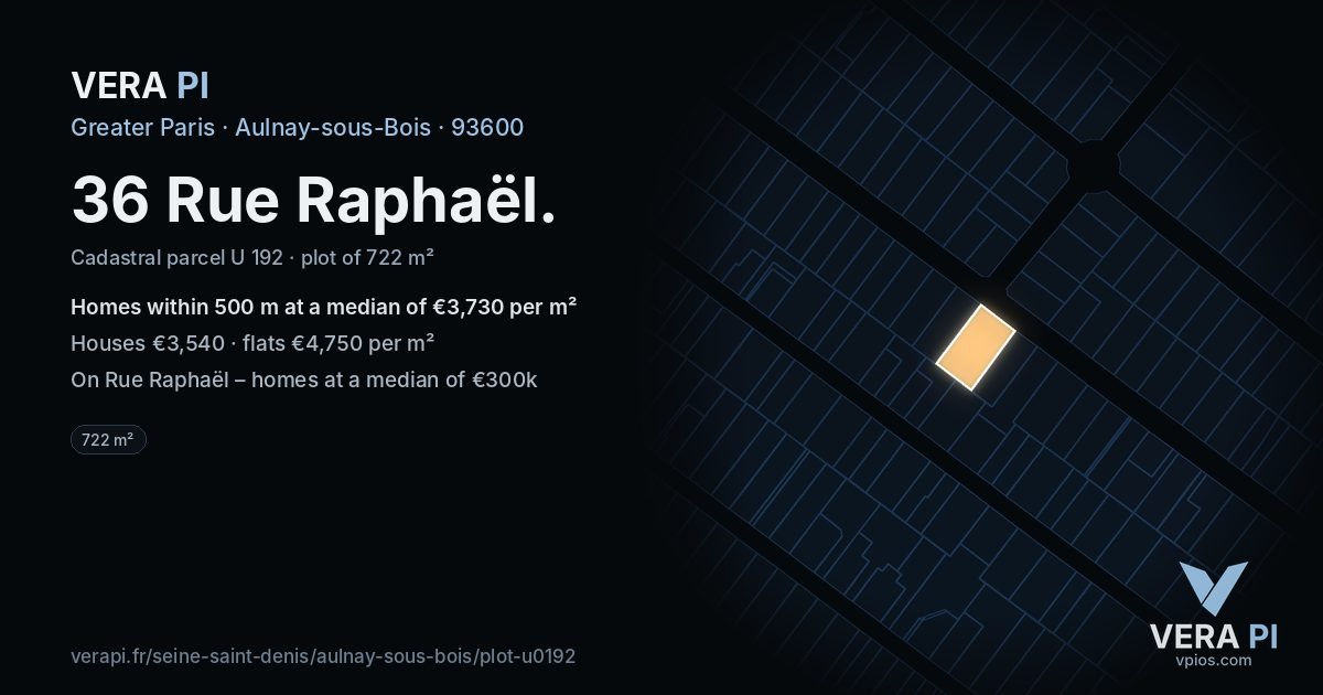 36 Rue Raphaël, Aulnay-sous-Bois at night – the plot lit, the parcels around coloured by the prices near them
