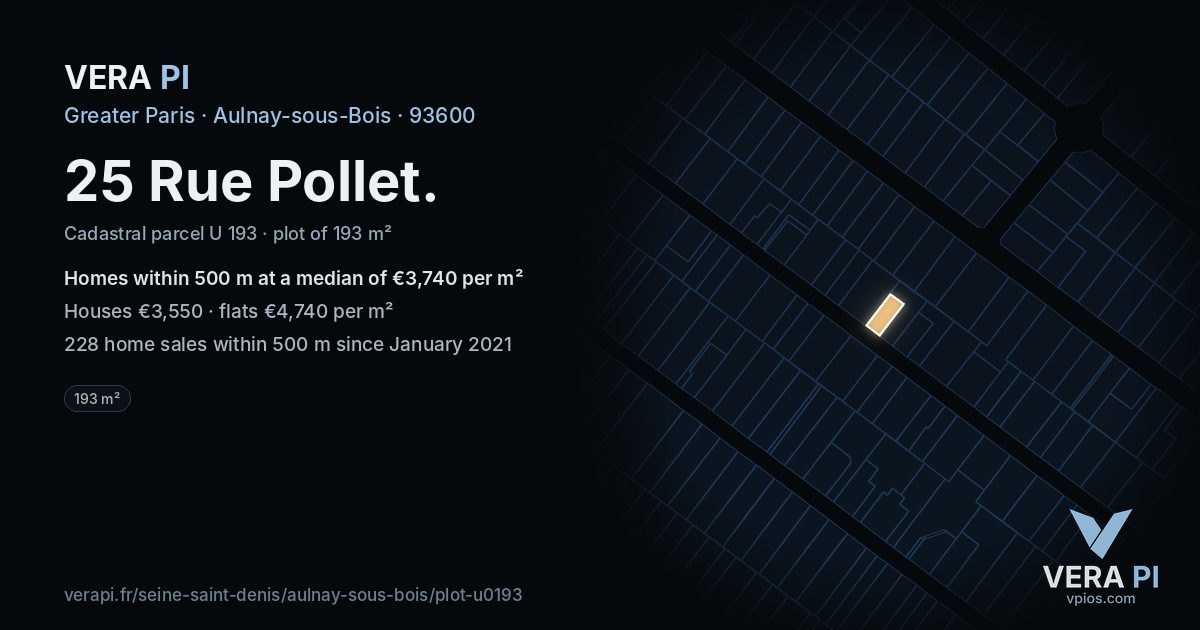 25 Rue Pollet, Aulnay-sous-Bois at night – the plot lit, the parcels around coloured by the prices near them