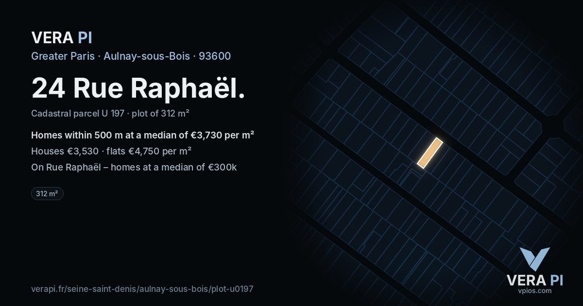 24 Rue Raphaël, Aulnay-sous-Bois at night – the plot lit, the parcels around coloured by the prices near them